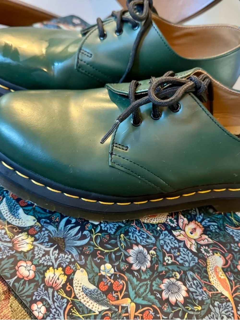 Dr. Martens Green 3-Eye Leather Oxfords with Yellow Stitching - Picture 4 of 6